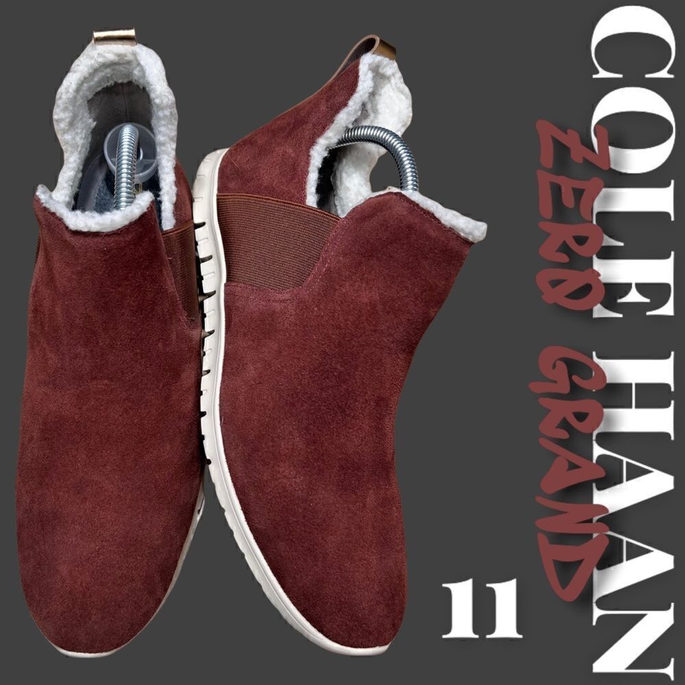 Authentic COLE HAAN ZEROGRAND SLPON Brown & Gold Suede w/ Fur Boots Size 11